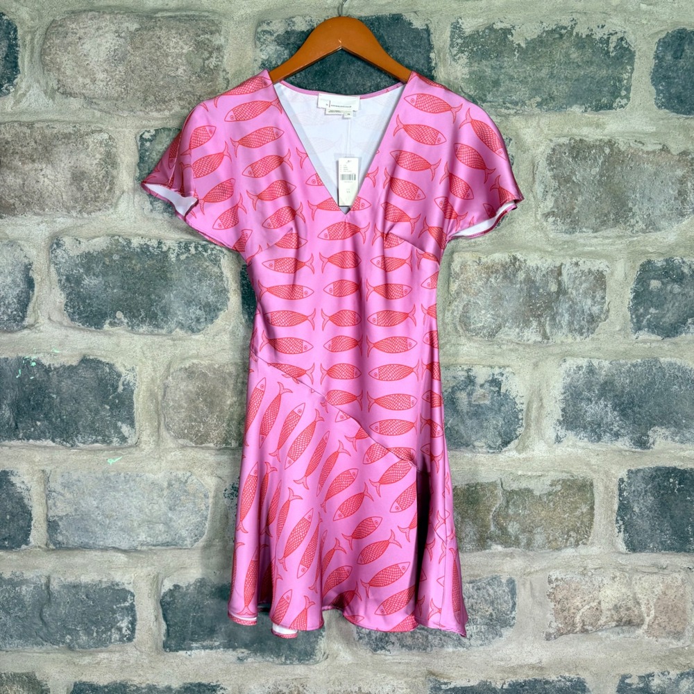 by Anthropologie Pink Fish Print V-Neck Mini Dress XS Pink Combo Girly Coastal